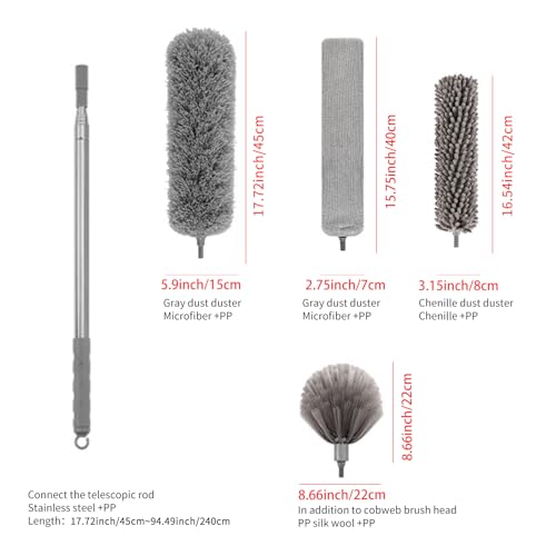 Image of 5Pcs Microfiber Feather Duster with Pole Extendable Duster Long Handle Dusters for Ceiling Fan Blinds Car Cleaning Supplies for House Office (Gray)