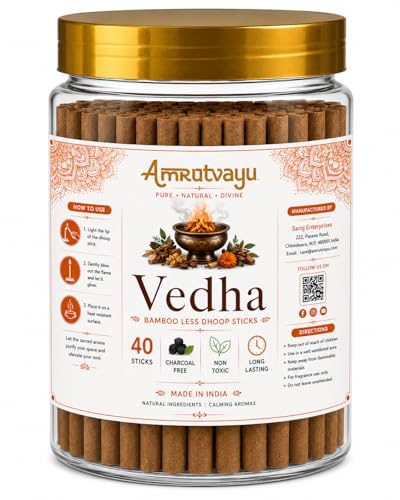 Image of Vedha Dhoop Sticks 4 inch 6mm Bamboo Less Incense Dhoop 40 Sticks for Pooja | No Charcoal Dhoop Batti with Holder Stand | Fragrance for Home, Mediation Relaxation