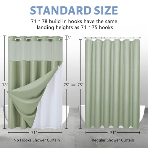 Image of Furlinic No Hook Waffle Weave Shower Curtain with Snap in Fabric Liner,Honeycomb Textured Bathroom Curtains with See Through Top Window,Waterproof & Machine Washable,Sage Green,71x78 Inch