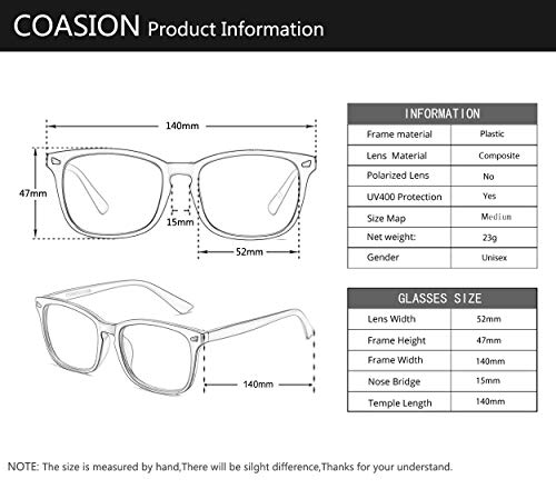 COASION Durchsichtige Fake Brille Ohne StäRke Damen Herren Fakebrillen Modebrille Brille mit Fensterglas für MäDchen MäNner