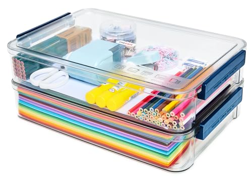 CATOOMUU 2 Pcs 5.5qt 9 x 13 Plastic Portable Project Case With Snap-Tight Latch Clear Stackable Storage Box With Lids Organizer Container For A4 File Photo Documents Scrapbook Craft Art Supplies