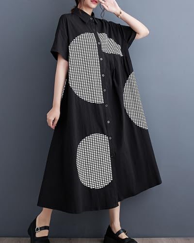 Image of ellazhu Women's Short Sleeves Button Down Patchwork Pattern Print Shirt Dress GZ151