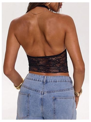 SOLY HUX Women's Lace Sheer Hollow Out Y2k Halter Top Backless Deep V Neck Crop Vest Shirts3