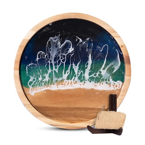 VWOOX Acacia Wood Serving Tray with Ocean Resin Art