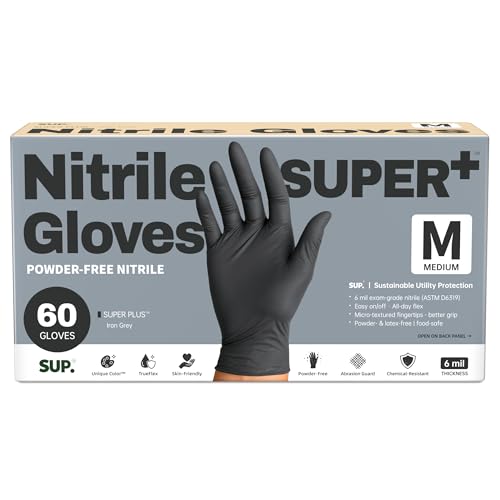 SUPER+ Black Nitrile Gloves HEAVY DUTY 6 Mil Disposable Chemical Resistant Powder & Latex Free Food Safe Medical Cooking Cleaning 60 Ct (Medium)