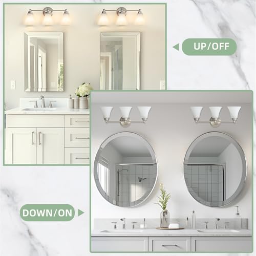 Image of LOUSACE 3 Light Bathroom Vanity Light Vintage Brushed Nickel Bathroom Lighting Fixtures Over Mirror, Traditional Wall Sconce Lighting with Opal Glass Shade, Nickel Vanity Lighting Fixture