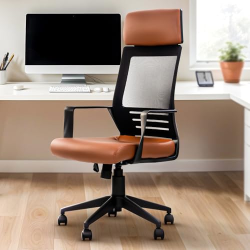 DROGO Lumina Pro Ergonomic Premium Leatherette Office Chair for Work at Home, Computer Chair with Fixed Armrest, Adjustable Seat, Rocking, Breathable Mesh, Leather Headrest & Lumbar Support (Brown)