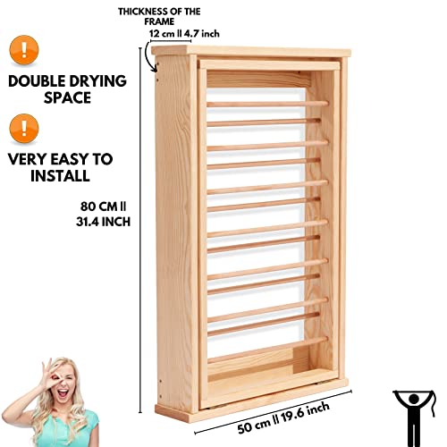 NOVECRAFTO Natural Wood Wall Mounted Drying Rack Clothes With Double Side Rails - Foldable Wall Mounted Clothes Airer 31.4" (80cm) H x 19.3" (50cm) W - Wooden Folding Laundry Airer for Indoor Use - Image 3