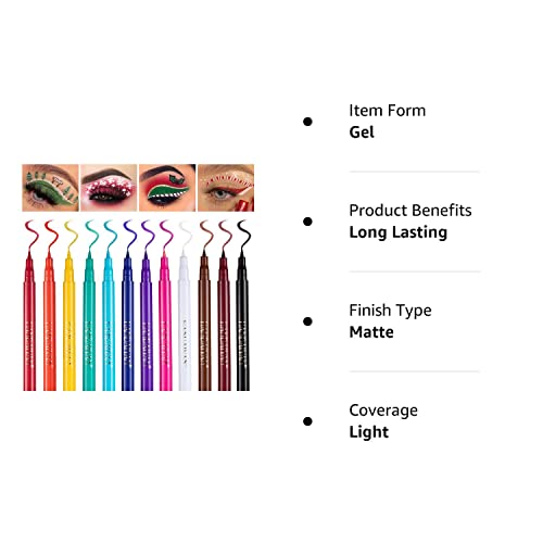 12Pcs Matte Colored Liquid Eyeliners Delineador De Ojos De Colores Set Colorful Eye Liner Liquid Color Eyeliner Eye Makeup For Valentines Day Gifts Bright Colors Waterproof Smooth & No Fading (13-Multicolors) #TOP7