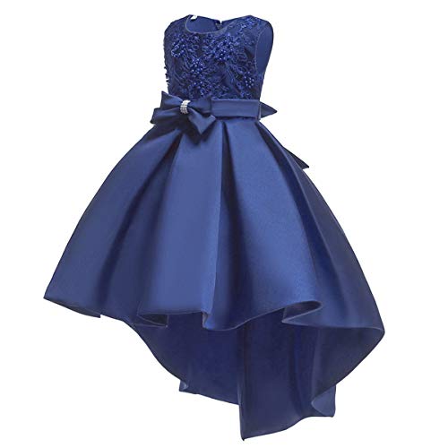 Iwemek Girls High-Low Lace Embroidery Beaded Pleated Birthday Tutu Dress Flower Girl Princess Wedding Bridesmaid Pageant First Communion Prom Dance Party Formal Ball Gown For Kids Navy Blue 7-8 Years #TOP1