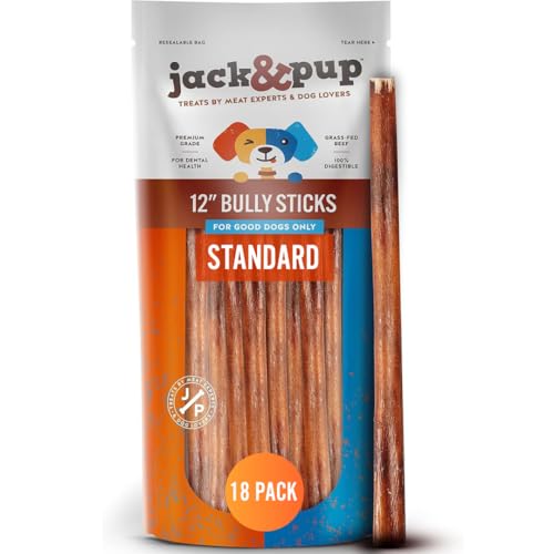 Jack&Pup 12 Inch Standard Bully Sticks for Medium and Large Dogs (18 Pack) Single Ingredient Dog Chew Bully Stick