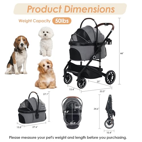 TODEFULL Pet Stroller with 4 Wheels, 3 in 1 Folding Puppy Strollers for Small/Medium Dogs Cats up to 50lbs, Lightweight Pet Travel Carrier with Detachable Cushion, Storage Basket and Cup Holder, Gray - Image 4