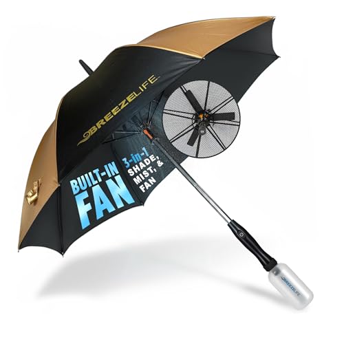 Breeze Life Sun Umbrella with Fan and Mister Rechargeable Misting Umbrella with Built-in Fan For Festivals Beach and More Blocks Harmful Sun Rays UPF 50+ UV Protection Mist bottle included