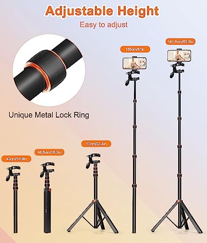 63.5'' Tripod for iPhone, Ufanore Detachable Phone Tripod Stand with Remote, Extendable Travel Selfie Stick with 360° Rotatable Pan Head for iPhone 14 Pro Max/14 Pro/13/Samsung S22/Camera
