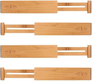 Bamboo Adjustable Drawer Dividers - Pack of 4 | Large Wooden Dresser Drawer Dividers | Adjustable Organiser | For Clothes & Kitchen Utensils | M&W