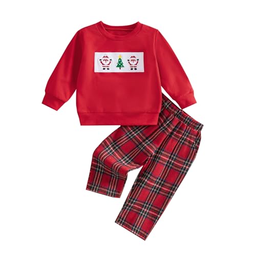 Pipikiddy Christmas Outfit Toddler Boy Santa Embroidered Sweatshirt Pullover Plaid Gingham Pants Winter Holiday Clothing Red 18-24 Months