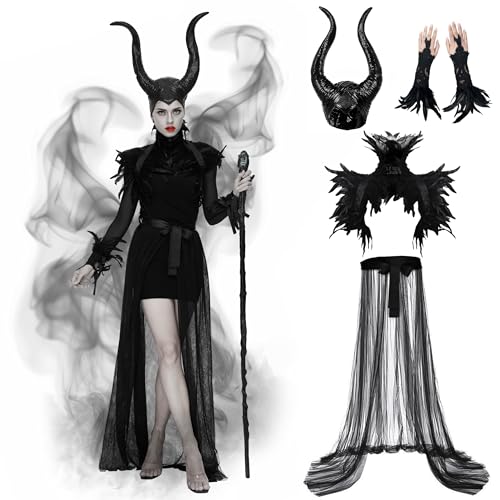 Joellfuner Disfraz Malefica Mujer, Halloween Vestido Gótico Cosplay Maléfica con Cuernos Malefica Plumas Chales y Brazalete, Ropa Medieval para Mujer Halloween Carnaval Cosplay