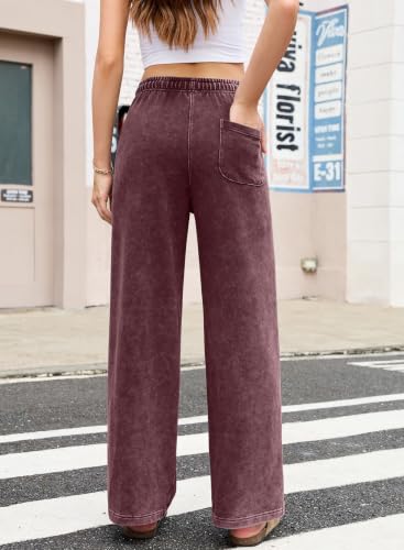SHEWIN Pants for Women Casual Drawstring Elastic Waisted Wide Leg Pants Loose Fit Lounge Comfy Pants with Pockets Burgundy — view 4