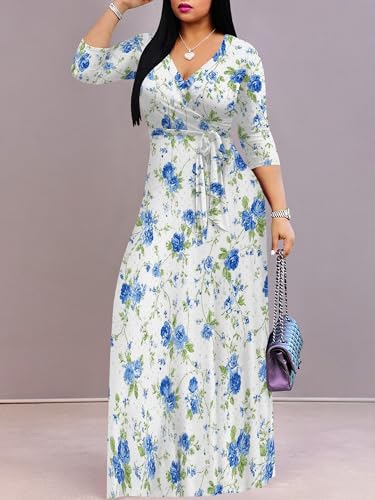 Image of Women's V Neck Floral Maxi Dress 3 /4 Sleeve Plus Size Boho Wrap Flowy Long Dresses with Belt