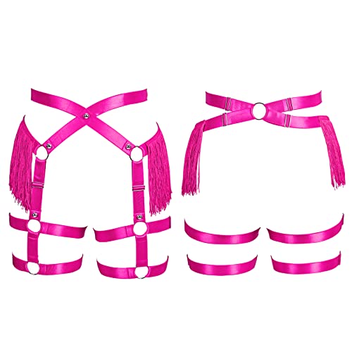 Fashion Lady Body Harness Punk Gothic Tassel Garter Belts Leg Strap Full Cage Halloween Rave Photography Dance (Rose Red) #TOP1
