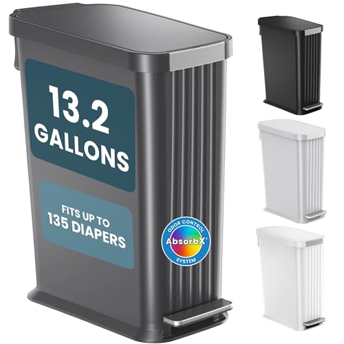 Image of Patented 13 Gallon Step Diaper Pail - Fits Kitchen Bags, Odor Filter Baby Trash Can, 135 Diaper Capacity, No Refills Needed, for Nursery Diapers and Adult Incontinence Underwear - Matte Gray