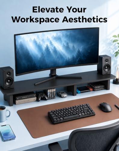 Image of Aothia 43 in Black Solid Wood Dual Monitor Stand, Monitor Riser for Desk | Dual Monitor Riser With Storage Below; Desk Shelf Organizer For Keyboards And Accessories