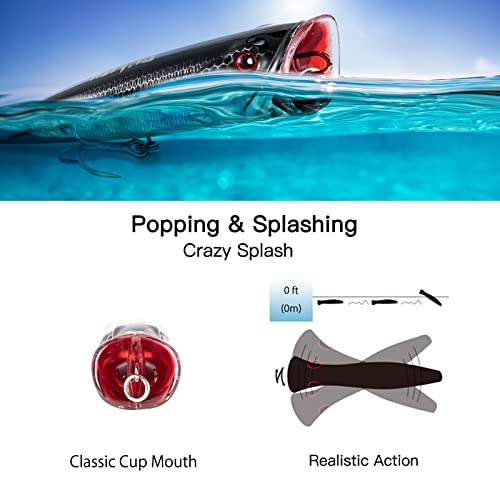 Dr.fish Topwater Popper Saltwater Fishing Lures, 5-1/2 Inches Gt Popper Vmc Treble Hooks Surf Fishing Lures For Striper Pike Salmon Lures Bass Popper Fishing Plugs Offshore Chrome Blue #TOP5