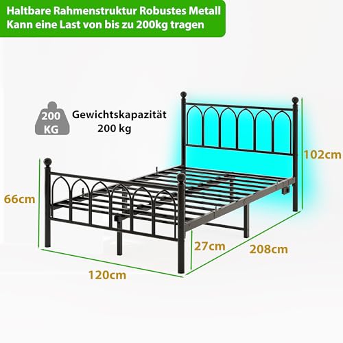 VERFARM Lit 120 x 200 cm avec sommier à lattes en métal, cadre de lit 120 x 200 cm, avec éclairage LED et station de charge, montage facile, lit double, design moderne, avec espace de rangement sous – vue 2