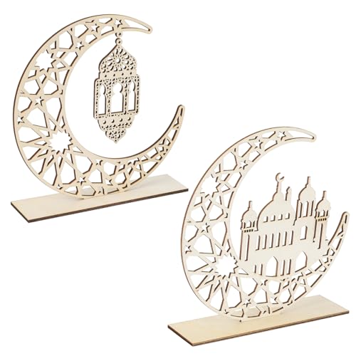 COCHIE Pack of 2 Wooden Eid Mubarak Ramadan Kareem Decorations Eid Table Sign Moon Hollow Star Freestanding Table Centrepiece Hanging Ornaments Table Decoration for Muslim Islam Table Decoration