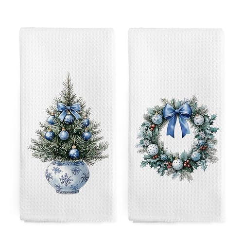 nvucamd Chinoiserie Christmas Wreath Kitchen Towels Set of 2, Blue
