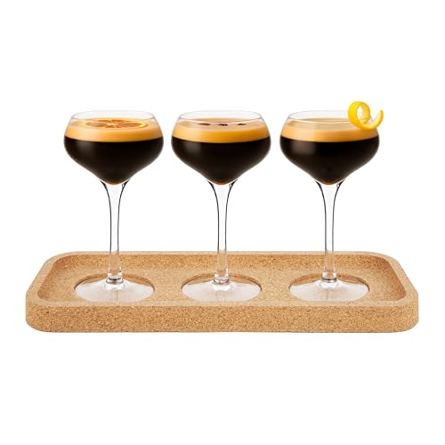Final Touch Espresso Martini Flight Set – 4 Piece Tasting Set with 3 Crystal Coupe Glasses (4.75 oz) & Natural Cork Tray – Lead-Free, Lightweight & Durable – Perfect for Cocktail Flights & Tastings