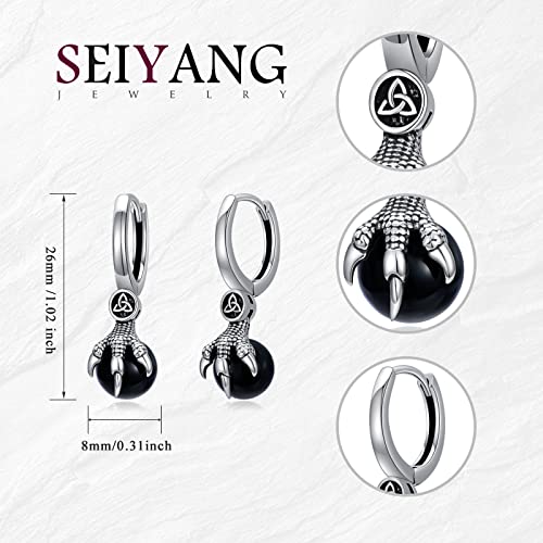 Dragon Claw Earrings Sterling Silver Earring For Men Black Onyx Huggie Hoop Earrings Dragon With Onyx Ball Earrings Vintage Punk Rock Gothic Viking Jewelry Celtic Gift For Women Boy Friend Birthday Halloween #TOP1