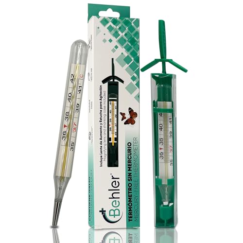 Behler Instruments - Termometro Febbre, Senza Mercurio - Sicuro e Preciso, Senza Batterie, Per Bambini e Adulti - Include Lente di Ingrandimento e Custodia per Agitazione - Per Uso Domestico e Clinico