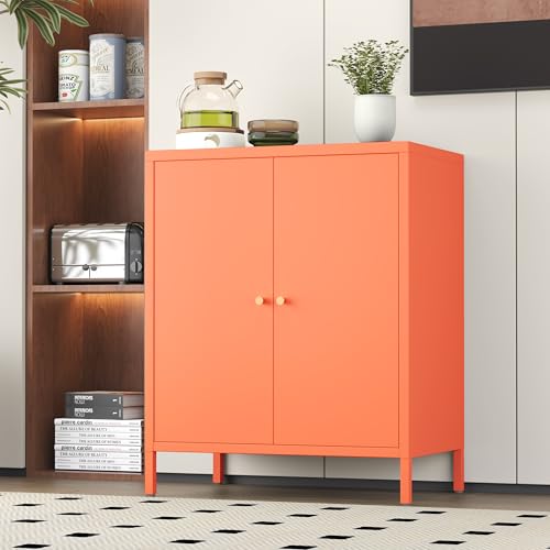 NUYIZOG Living Room Cabinets,Orange Lockable Storage Cabinets with Doors and