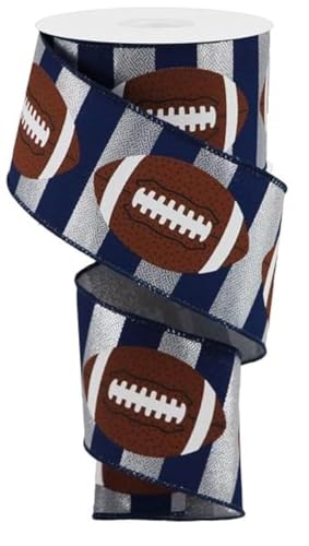 Football Striped Wired Ribbon - 10 Yards (Silver, Navy Blue, 2.5 Inches)