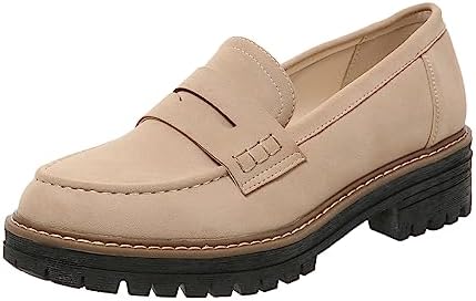 Womens Loafers Shoes Platform Chunky Penny Loafer Lug Sole Comfortable Slip On Work Office Business Casual Dress Shoes, US Size 10 Beige