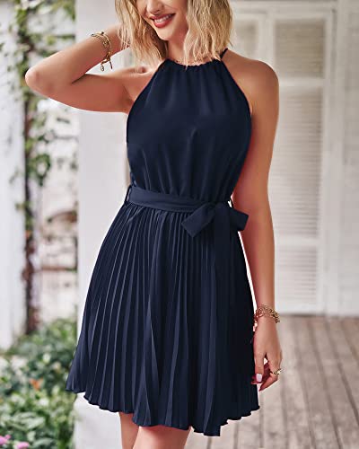 Btfbm Women 2023 Summer Casual Halter Neck A-Line Dress Sleeveless Belted Swing Pleated Cocktail Party Beach Mini Dresses(Solid Navy, Medium) #TOP2