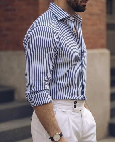 Image of IndoPrimo Men's Striped Shirt | Premium Slim Fit Full Sleeve Formal Casual Shirt | Button-Down Cotton Shirt for Office