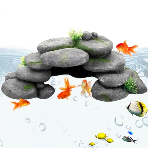 Behogan Aquarium Decoration, Aquarium Cave with Green Grass, Aquarium Decoration Large, Rock Cave Decoration, Aquarium Hiding Place Resin Cave Mountain for Turtles, Axolotl Shrimp Betta Fish Swimming