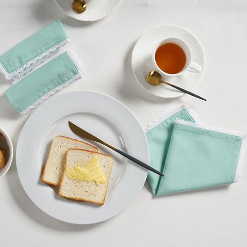 Image of FINGERCRAFT Cloth Napkins Set of 12 (12x12 Inch) - Cotton Linen Blend Dinner Napkins with Trim Lace Edge & Mitered Corners, Reusable Farmhouse Table Napkins for Wedding, Party & Daily Dining (Aqua)