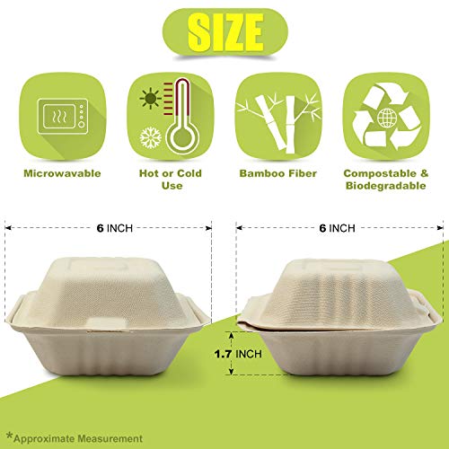 Green Earth, 6-Inch, 125-Count, Ribbed Hamburger Compostable Clamshell, Bam Ware (Bamboo Fiber), Take-Out/To-Go Food Boxes - Biodegradable Containers, Hinged Lid - Microwave-Safe - Gluten-Free #TOP5