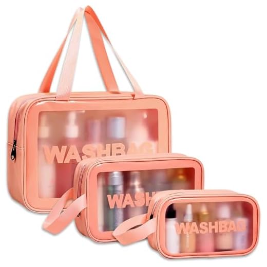 Kit 3 Necessaire Transparente Washbag Tamanhos P M G para Viagem, Maquiagem, Banho e Academia - Cores Preto, Branco, Rosa e Azul - Organizador Impermeável Zíper à prova dagua (Rosa)