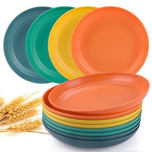 Wotolit Dinner Plates Set of 8 Alternative for Plastic Plates Microwave and Dishwasher Safe Wheat Straw Plates for Kitchen Unbreakable Kids Plates with 4 Colors (10 inch)