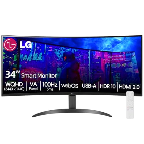 Image of LG 34 Inch WQHD (3440x1440) Curved Smart Monitor, 100Hz, HDR10, 99% sRGB, webOS 23, Screen Share, Built-in Speakers, AirPlay 2, Flicker Free, Includes Wireless Screen Mirroring, HDMI, USB-A,Black