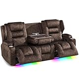 Wall Hugger Power Loveseat Recliner Sofa, Electric Reclining Loveseat Sofa 3-Seater RV Couch with Flip-Backrest, Cup Holders, USB-C, Outlets, LED Lights, for Home Theater RV Furniture Camper, Chestnut