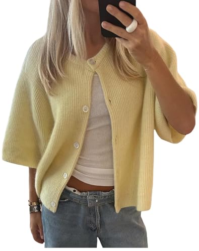 Image of Women Short Sleeve Sweater Cropped Cardigan Button Front Knit Chunky Vest Trendy Y2k Preppy Girl Knitted Top Shirt