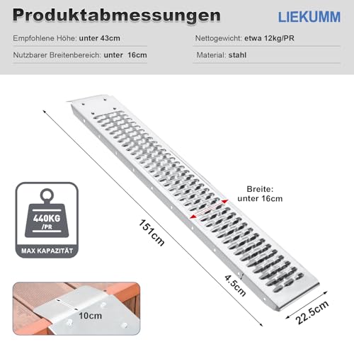 LIEKUMM 2X Auffahrrampe, 440kg Tragkraft Stahl Motorrad Rampe, 151 cm Auffahrrampe für Anhänger, Auto, Garage, Elektromotorrad, ATV, Werkstatt, Lager, Laderampe Motorrad