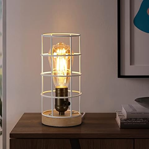 SUNLLOK Modern Vintage Industrial Small Cage Desk Lamp with Wood Base - Mid Century Retro Edison White Table Lamp Antique Holder - Bedside Night Light for Living Room Bedroom Decoration (no E27 Bulb) Cover