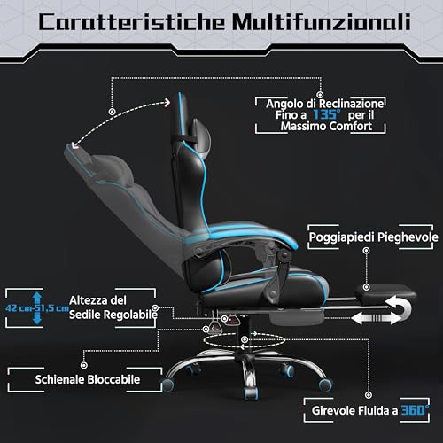 Sedia Gaming Ergonomica Massaggiante Reclinabile con Poggiapiedi Poggiatesta e Supporto Lombare Braccioli Imbottiti in Finta Pelle Poltrona Gamer da Scrivania con Ruote Girevole Grigio - Sedia gaming - Immagine 3
