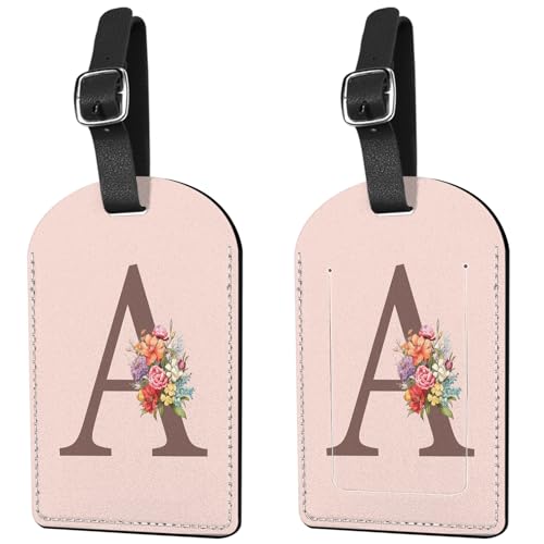 Deokke 2 Pack Luggage Tag Suitcase Tags Initial Letter Monogram PU Leather Cover Aesthetic Cute Monogrammed Travel Bag Labels for Women Girls Men (A)